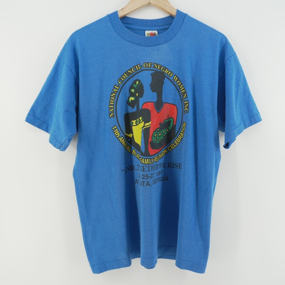 Vintage Fruit of the Loom T-Shirt Men L Blue 1997 Black Family Single Stitch 90s